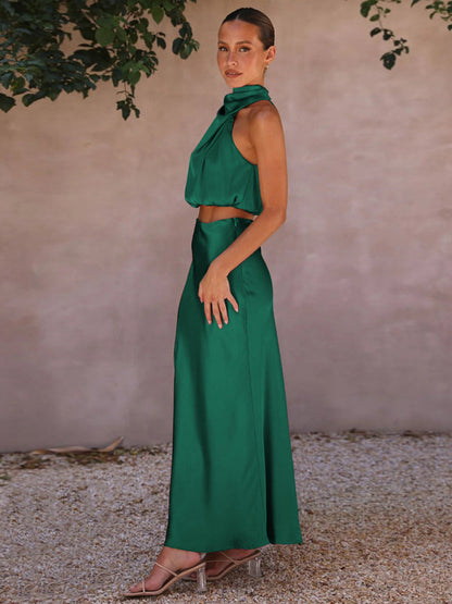 Casual Suit Top + Long Skirt- Satin Elegance: Women's Two Piece Set Cowl Crop Top and Long Skirt- - IndioGear Fashion and Gear