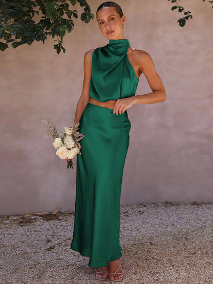 Casual Suit Top + Long Skirt- Satin Elegance: Women's Two Piece Set Cowl Crop Top and Long Skirt- - IndioGear Fashion and Gear