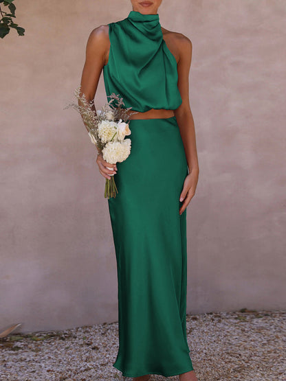 Casual Suit Top + Long Skirt- Satin Elegance: Women's Two Piece Set Cowl Crop Top and Long Skirt- Deep green- IndioGear Fashion and Gear