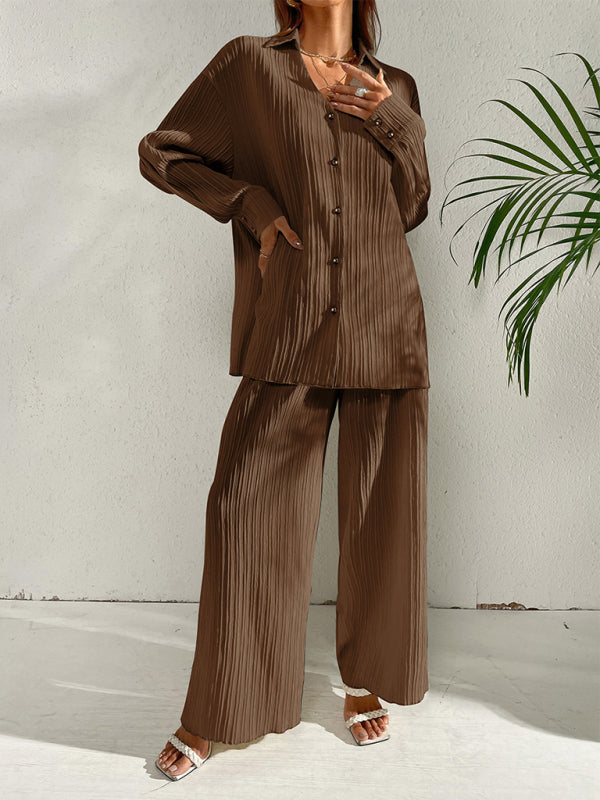 Casual Suit Top + Pants- Ribbed Two-Piece Casual Suit for Any Occasion - Top + Pants- Brown- IndioGear Fashion and Gear