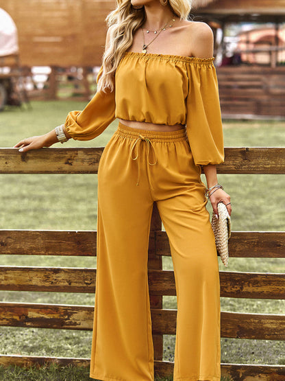 Casual Suit Top + Pants- Solid Two piece Outfit Long Sleeve Crop Top and Pants- Yellow- IndioGear Fashion and Gear