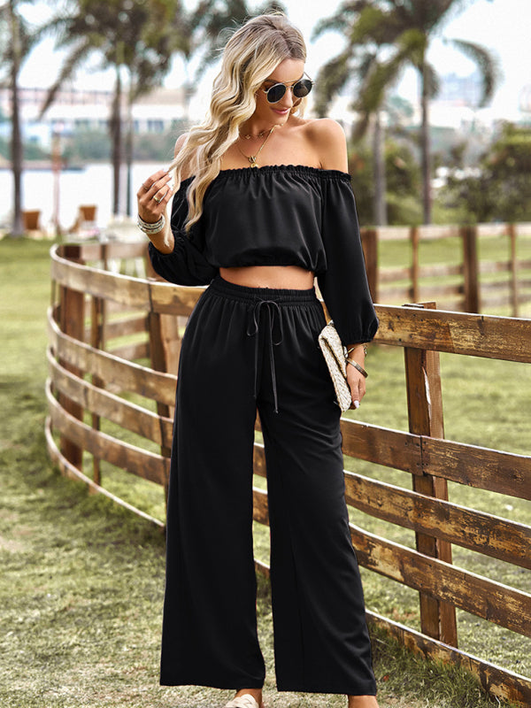 Casual Suit Top + Pants- Solid Two piece Outfit Long Sleeve Crop Top and Pants- - IndioGear Fashion and Gear