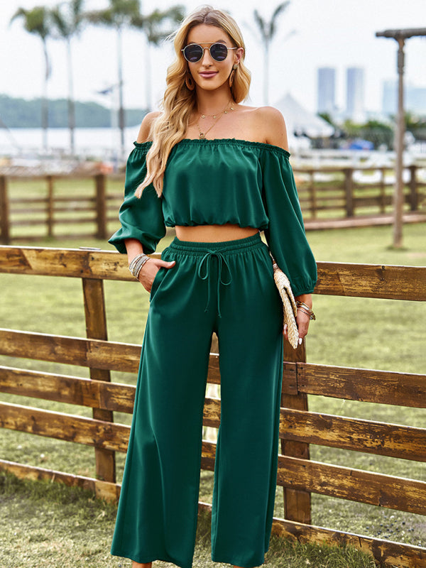 Casual Suit Top + Pants- Solid Two piece Outfit Long Sleeve Crop Top and Pants- - IndioGear Fashion and Gear