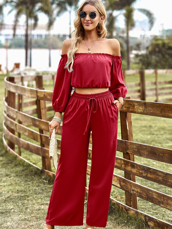 Casual Suit Top + Pants- Solid Two piece Outfit Long Sleeve Crop Top and Pants- - IndioGear Fashion and Gear