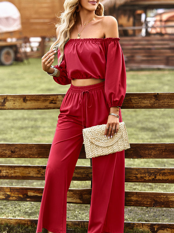 Casual Suit Top + Pants- Solid Two piece Outfit Long Sleeve Crop Top and Pants- - IndioGear Fashion and Gear