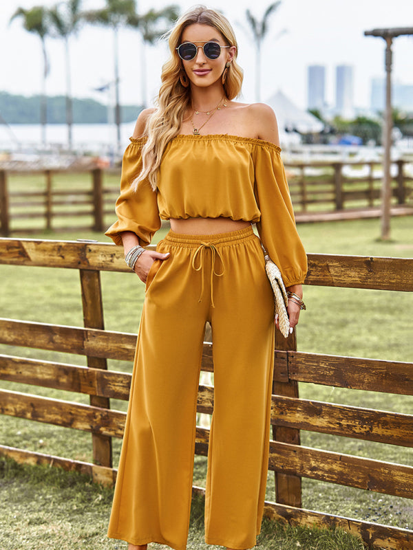 Casual Suit Top + Pants- Solid Two piece Outfit Long Sleeve Crop Top and Pants- - IndioGear Fashion and Gear