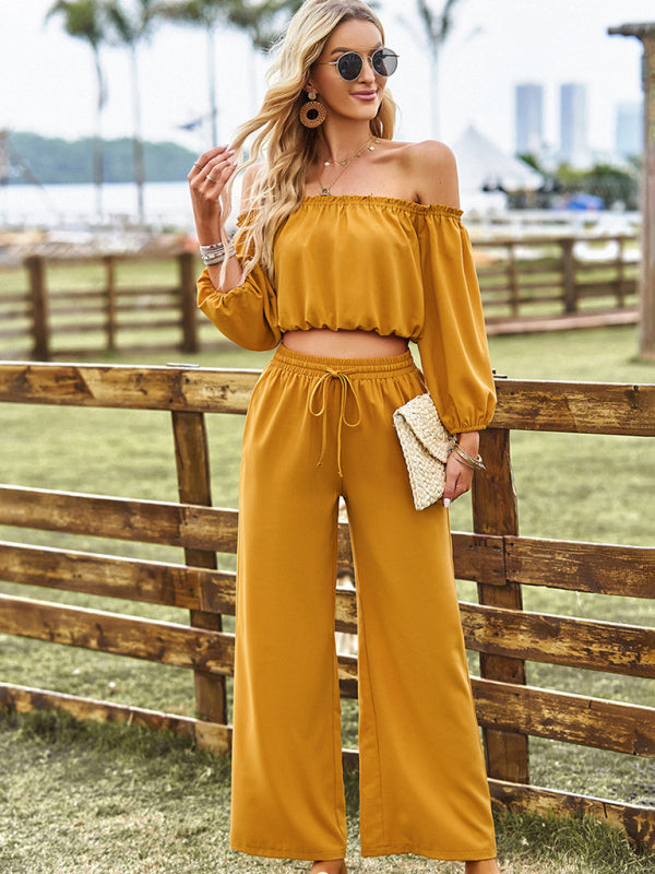 Casual Suit Top + Pants- Solid Two piece Outfit Long Sleeve Crop Top and Pants- - IndioGear Fashion and Gear