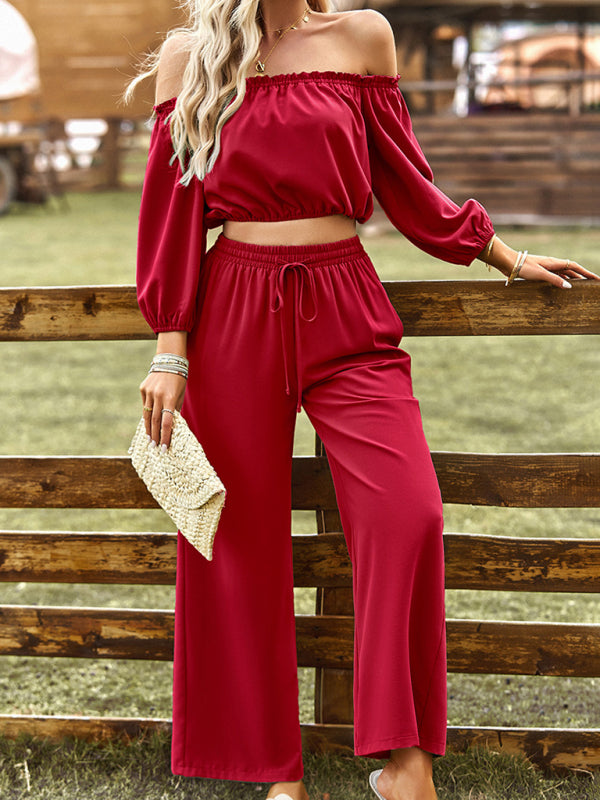 Casual Suit Top + Pants- Solid Two piece Outfit Long Sleeve Crop Top and Pants- - IndioGear Fashion and Gear