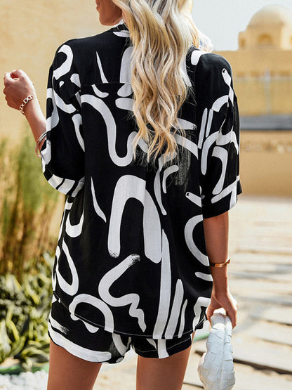 Casual Suit Top + Shorts- Abstract Print Two Piece Set Shirt and Shorts- - IndioGear Fashion and Gear