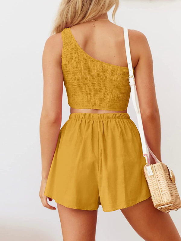 Casual Suit Top+ Shorts- Casual Summer Women Set - Smocked One Shoulder Crop Top and Shorts- - IndioGear Fashion and Gear