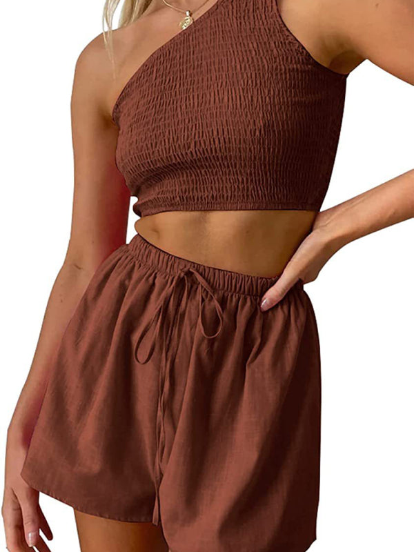 Casual Suit Top+ Shorts- Casual Summer Women Set - Smocked One Shoulder Crop Top and Shorts- Brown- IndioGear Fashion and Gear