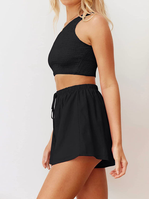 Casual Suit Top+ Shorts- Casual Summer Women Set - Smocked One Shoulder Crop Top and Shorts- - IndioGear Fashion and Gear