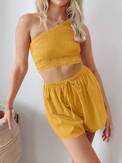 Casual Suit Top+ Shorts- Casual Summer Women Set - Smocked One Shoulder Crop Top and Shorts- Yellow- IndioGear Fashion and Gear