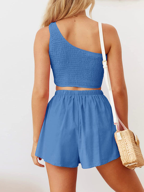 Casual Suit Top+ Shorts- Casual Summer Women Set - Smocked One Shoulder Crop Top and Shorts- - IndioGear Fashion and Gear