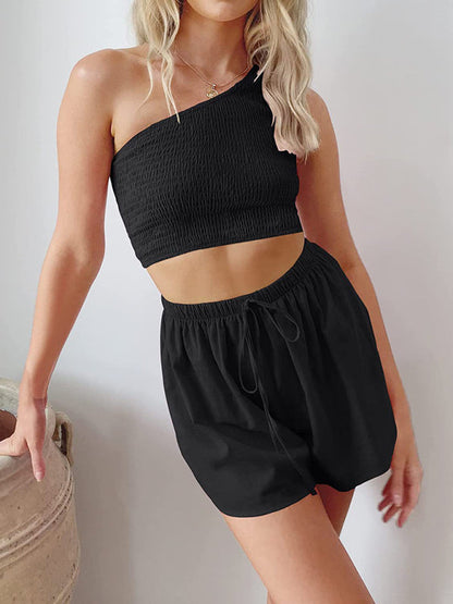 Casual Suit Top+ Shorts- Casual Summer Women Set - Smocked One Shoulder Crop Top and Shorts- Black- IndioGear Fashion and Gear