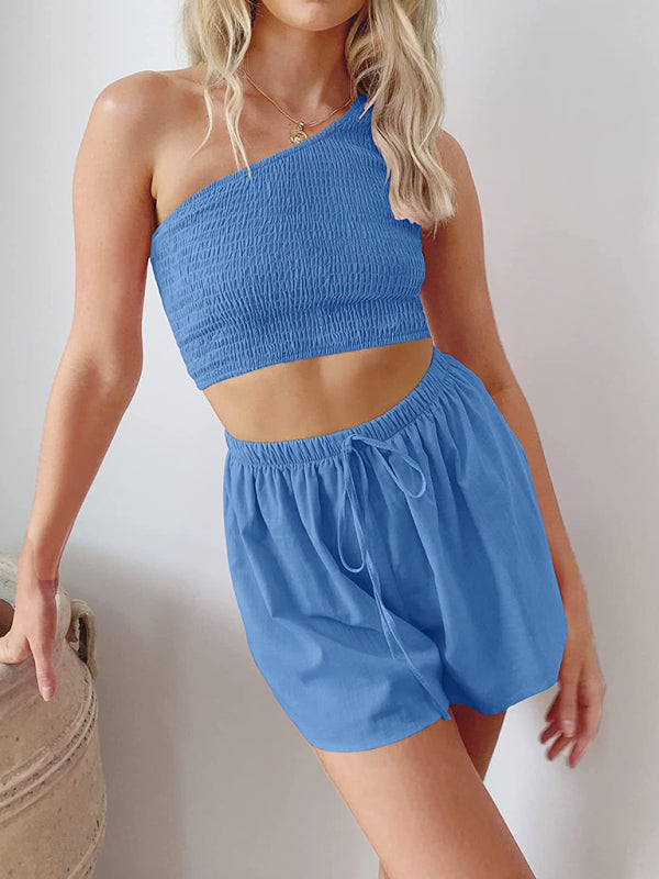 Casual Suit Top+ Shorts- Casual Summer Women Set - Smocked One Shoulder Crop Top and Shorts- Blue- IndioGear Fashion and Gear