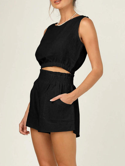 Casual Suit Top + Shorts- Solid Faux Linen Crop Tank Top and Smocked Waist Shorts 2-Piece- Black- IndioGear Fashion and Gear