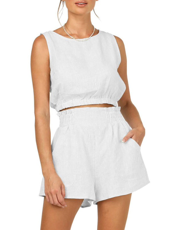 Casual Suit Top + Shorts- Solid Faux Linen Crop Tank Top and Smocked Waist Shorts 2-Piece- - IndioGear Fashion and Gear