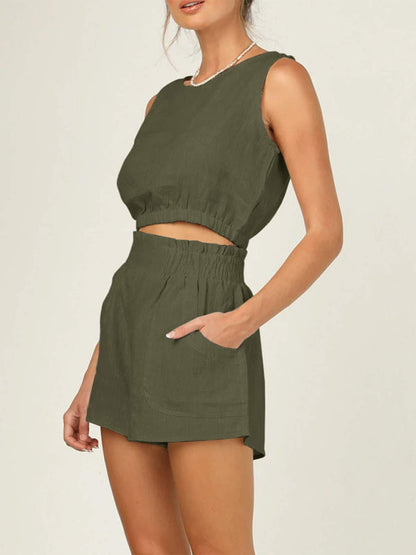 Casual Suit Top + Shorts- Solid Faux Linen Crop Tank Top and Smocked Waist Shorts 2-Piece- Olive green- IndioGear Fashion and Gear