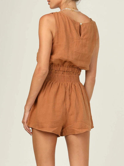 Casual Suit Top + Shorts- Solid Faux Linen Crop Tank Top and Smocked Waist Shorts 2-Piece- - IndioGear Fashion and Gear