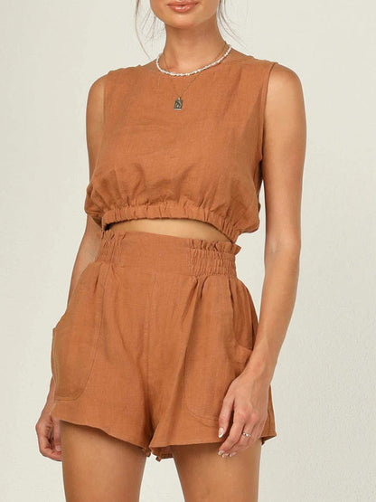 Casual Suit Top + Shorts- Solid Faux Linen Crop Tank Top and Smocked Waist Shorts 2-Piece- caramel- IndioGear Fashion and Gear