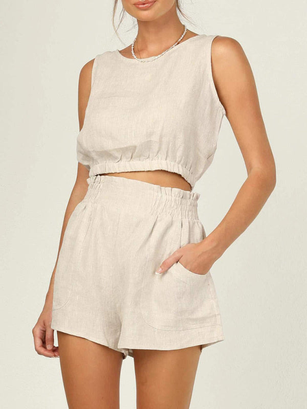 Casual Suit Top + Shorts- Solid Faux Linen Crop Tank Top and Smocked Waist Shorts 2-Piece- - IndioGear Fashion and Gear