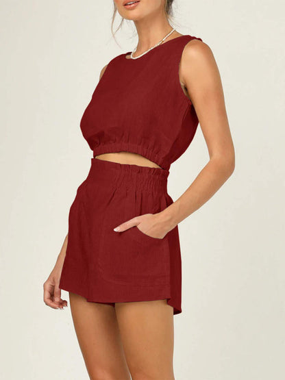 Casual Suit Top + Shorts- Solid Faux Linen Crop Tank Top and Smocked Waist Shorts 2-Piece- Wine Red- IndioGear Fashion and Gear