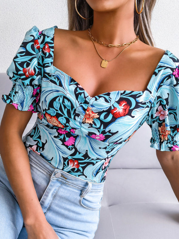 Casual Tops- Floral Fitted Smocked Back Blouse for Casual Gatherings- - IndioGear Clothing and Gear