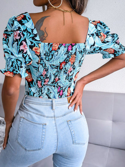 Casual Tops- Floral Fitted Smocked Back Blouse for Casual Gatherings- - IndioGear Clothing and Gear