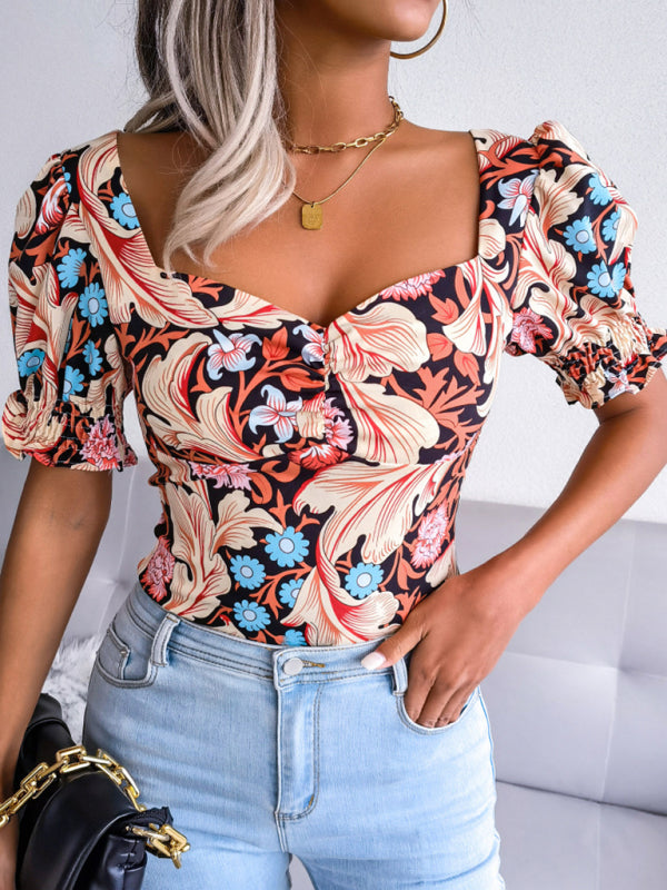 Casual Tops- Floral Fitted Smocked Back Blouse for Casual Gatherings- - IndioGear Clothing and Gear