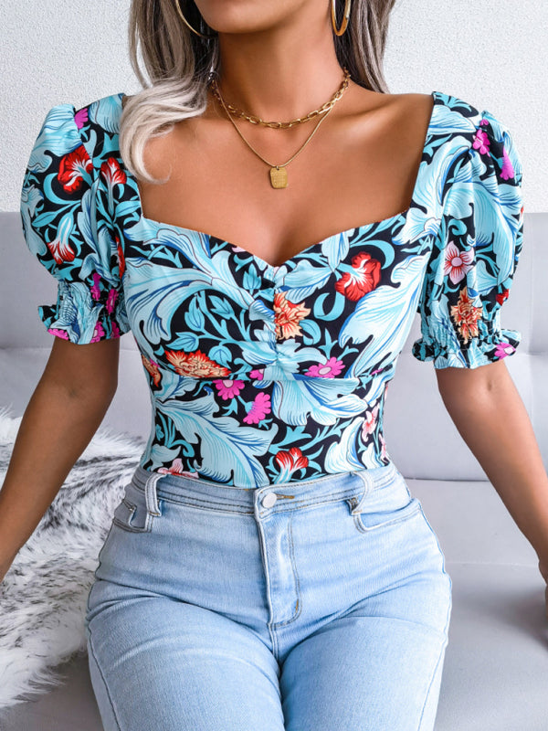 Casual Tops- Floral Fitted Smocked Back Blouse for Casual Gatherings- - IndioGear Clothing and Gear