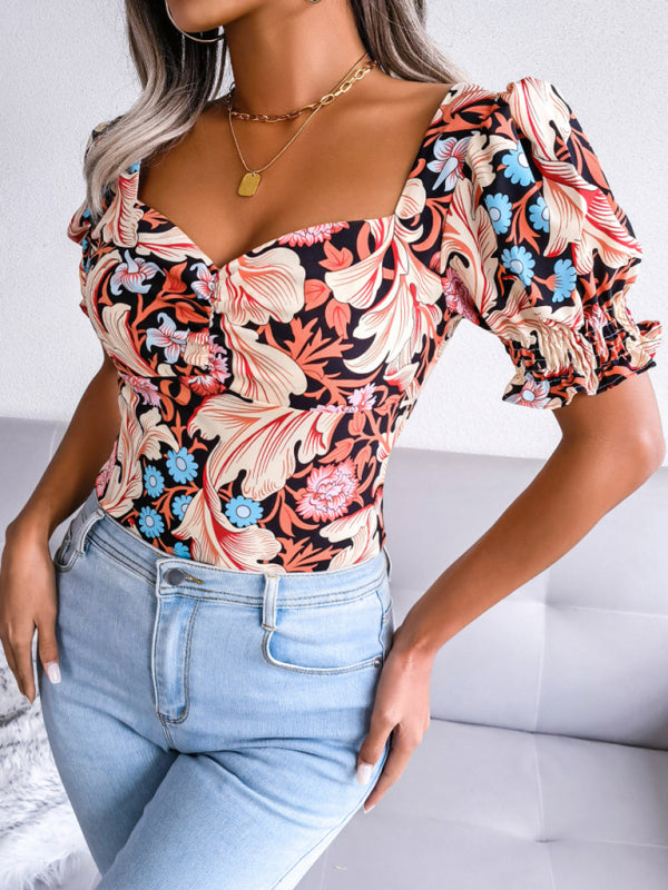 Casual Tops- Floral Fitted Smocked Back Blouse for Casual Gatherings- - IndioGear Clothing and Gear