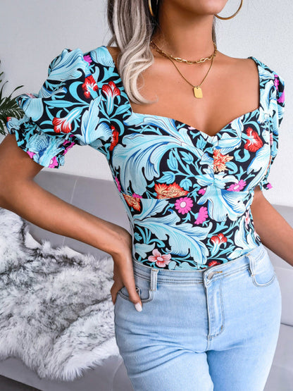 Casual Tops- Floral Fitted Smocked Back Blouse for Casual Gatherings- - IndioGear Clothing and Gear