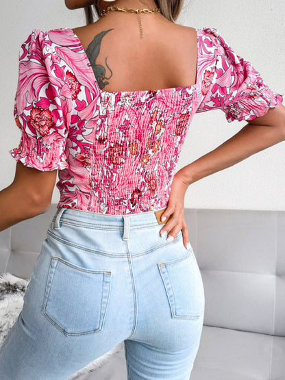 Casual Tops- Floral Fitted Smocked Back Blouse for Casual Gatherings- - IndioGear Clothing and Gear