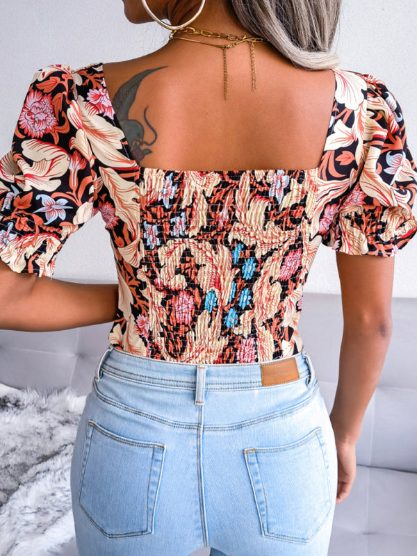 Casual Tops- Floral Fitted Smocked Back Blouse for Casual Gatherings- - IndioGear Clothing and Gear