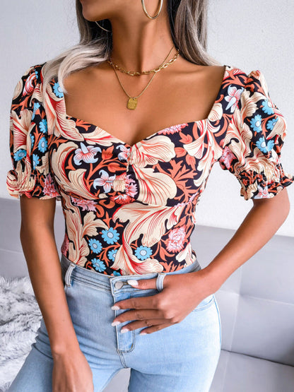 Casual Tops- Floral Fitted Smocked Back Blouse for Casual Gatherings- Black- IndioGear Clothing and Gear