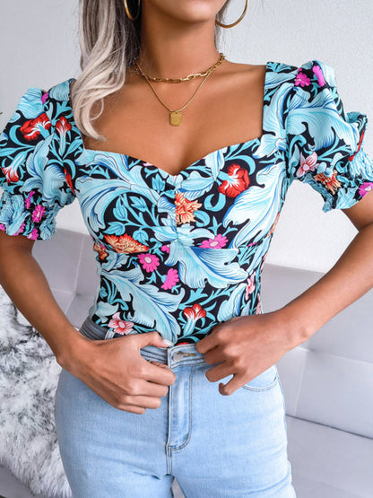 Casual Tops- Floral Fitted Smocked Back Blouse for Casual Gatherings- Blue- IndioGear Clothing and Gear