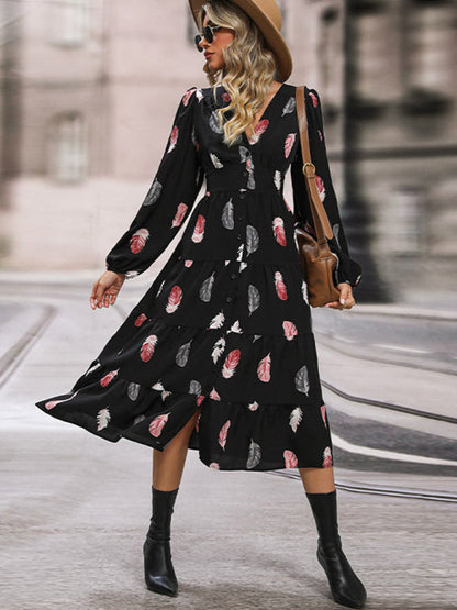 Casual dresses- Leafy Tiered Button Long Sleeve Midi Dress- - IndioGear Fashion and Gear