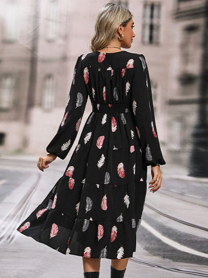 Casual dresses- Leafy Tiered Button Long Sleeve Midi Dress- - IndioGear Fashion and Gear