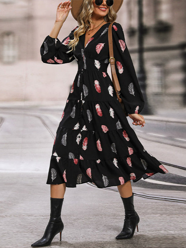 Casual dresses- Leafy Tiered Button Long Sleeve Midi Dress- - IndioGear Fashion and Gear