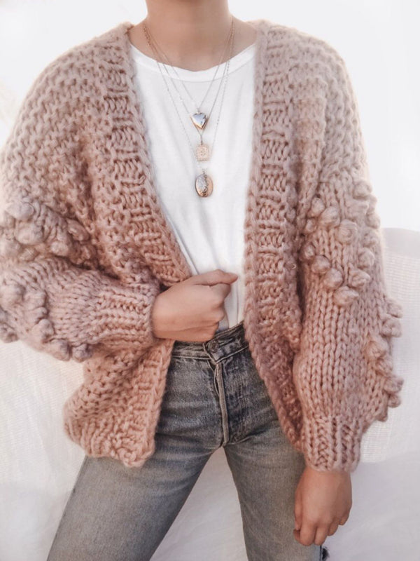 Chunky Cardigans- Cute Open Front Chunky Waffle Knit Sweater Cardigan- Pink- IndioGear Clothing and Gear