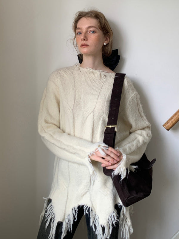 Chunky Sweaters- Wool and Cotton Distressed Knit Chunky Winter Sweater- Cream- IndioGear Clothing and Gear