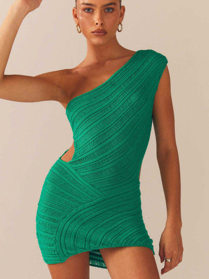 Club Dresses- Party-Ready One-Shoulder Knit Cutout Micro Mini Dress- - IndioGear Fashion and Gear