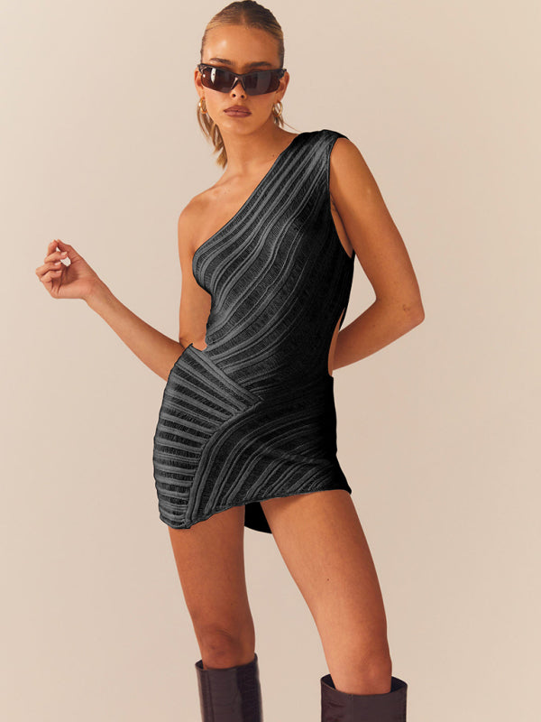 Club Dresses- Party-Ready One-Shoulder Knit Cutout Micro Mini Dress- - IndioGear Fashion and Gear