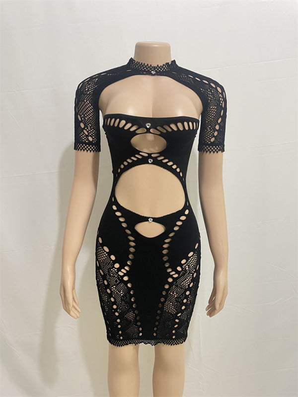 Clubbing Dresses- Disco Tube Hollow Bodycon Mini Dress with Beads- - Chuzko Women Clothing