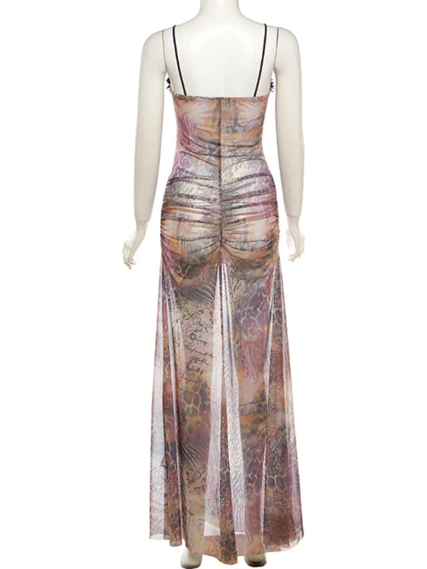 Clubbing Dresses- Runway-Inspired Dark Print See-Through Cutout Slit Maxi Dress- - IndioGear Fashion and Gear