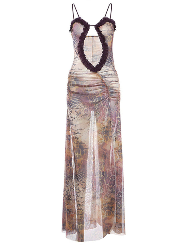 Clubbing Dresses- Runway-Inspired Dark Print See-Through Cutout Slit Maxi Dress- - IndioGear Fashion and Gear