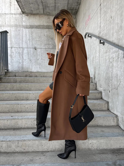 Cozy Essential Longline Double-Breasted Peacoat for Fall-Winter