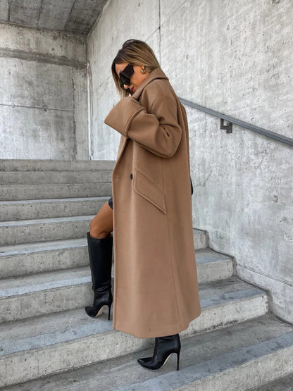 Cozy Essential Longline Double-Breasted Peacoat for Fall-Winter