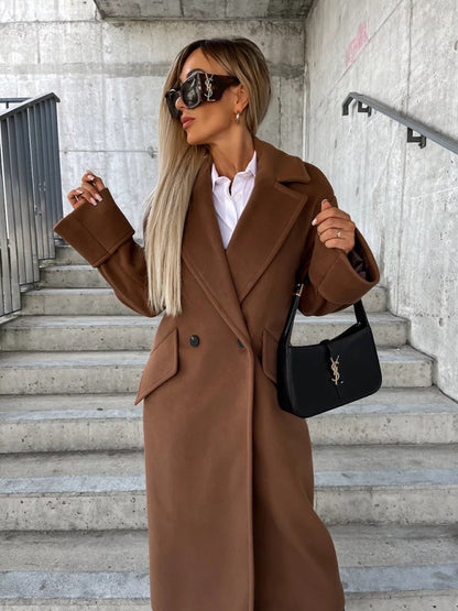 Cozy Essential Longline Double-Breasted Peacoat for Fall-Winter